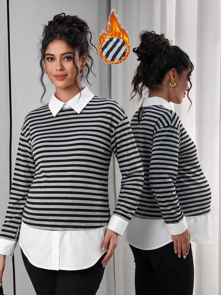 SHEIN Maternity Sweatshirt, Collared Long Sleeve Casual Top, Autumn/Winter Style - Black - View 1