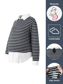 SHEIN Maternity Sweatshirt, Collared Long Sleeve Casual Top, Autumn/Winter Style - Black - View 4