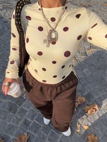 Muchica Plus Size Women Polka Dot Round Neck Long Sleeve Top And Pants Casual Daily 2 Pieces Set - Multicolor - View 5