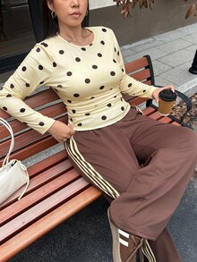 Muchica Plus Size Women Polka Dot Round Neck Long Sleeve Top And Pants Casual Daily 2 Pieces Set - Multicolor - View 4