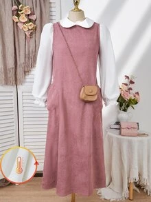 SHEIN Tween Girls Fall Winter Elegant Thermal Peter Pan Collar Top And Sleeveless Soft Solid Corduroy A-Line Long Dress 2pc Set Outfit For Casual Holiday - Dusty Pink - View 9