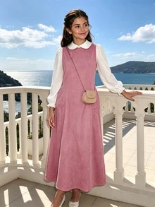 SHEIN Tween Girls Fall Winter Elegant Thermal Peter Pan Collar Top And Sleeveless Soft Solid Corduroy A-Line Long Dress 2pc Set Outfit For Casual Holiday - Dusty Pink - View 2