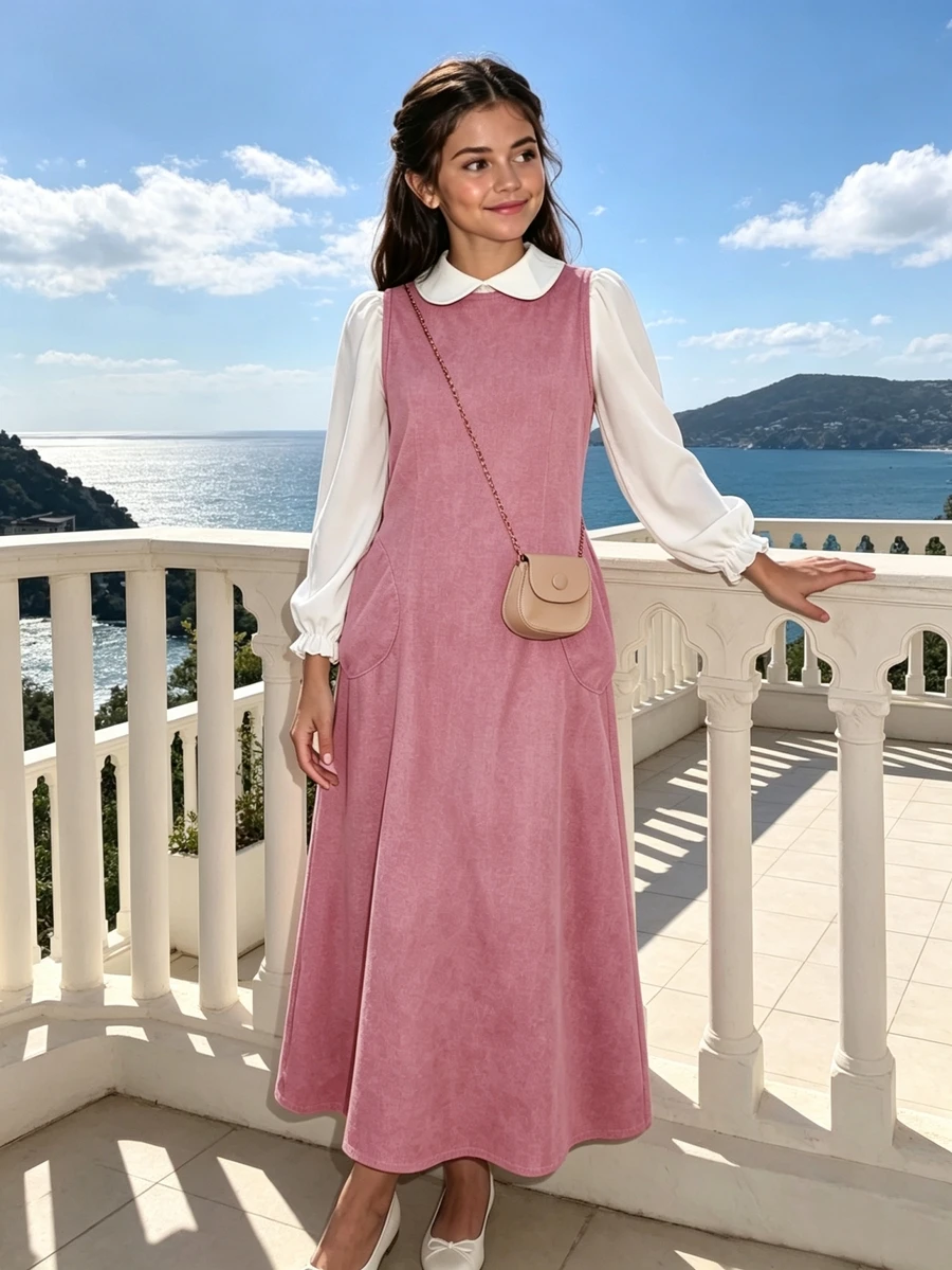 SHEIN Tween Girls Fall Winter Elegant Thermal Peter Pan Collar Top And Sleeveless Soft Solid Corduroy A-Line Long Dress 2pc Set Outfit For Casual Holiday