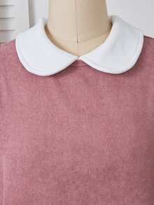 SHEIN Tween Girls Fall Winter Elegant Thermal Peter Pan Collar Top And Sleeveless Soft Solid Corduroy A-Line Long Dress 2pc Set Outfit For Casual Holiday - Dusty Pink - View 7