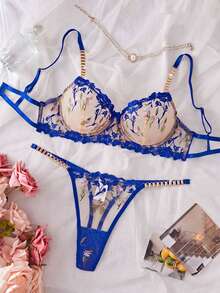Bare Chapter 2pcs Embroidered Women's Lingerie Set - Royal Blue - View 7