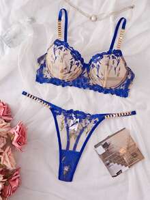 Bare Chapter 2pcs Embroidered Women's Lingerie Set - Royal Blue - View 4