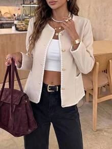 Brillora Women's Casual Contrast Stitch Trim Patchwork Pocket Single-Breasted Jacket In Fall/Winter Elegant Spring - Apricot - View 2