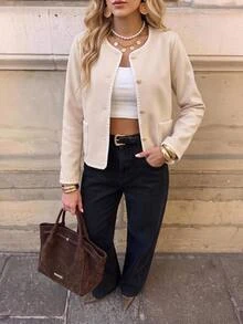 Brillora Women's Casual Contrast Stitch Trim Patchwork Pocket Single-Breasted Jacket In Fall/Winter Elegant Spring - Apricot - View 6