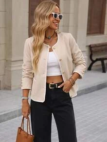 Brillora Women's Casual Contrast Stitch Trim Patchwork Pocket Single-Breasted Jacket In Fall/Winter Elegant Spring - Apricot - View 3