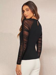 Amorya Women's Fashionable Elegant Sexy Contrast Mesh Ruffle Raglan Sleeve Top Going Out Black Autumn - Black - View 3