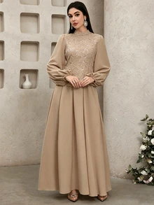 Feyla Women's Mesh Beaded Embroidered Asymmetrical Hem Long Sleeve Dress - Khaki - View 7