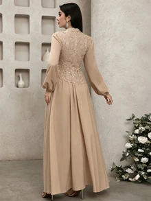 Feyla Women's Mesh Beaded Embroidered Asymmetrical Hem Long Sleeve Dress - Khaki - View 2