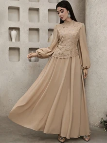 Feyla Women's Mesh Beaded Embroidered Asymmetrical Hem Long Sleeve Dress - Khaki - View 4
