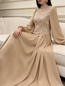Feyla Women's Mesh Beaded Embroidered Asymmetrical Hem Long Sleeve Dress - Khaki - View 8