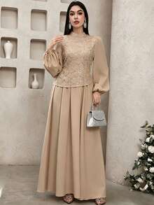 Feyla Women's Mesh Beaded Embroidered Asymmetrical Hem Long Sleeve Dress - Khaki - View 5