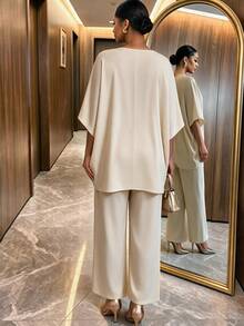 SHEIN Lady 女款大尺碼圓領半袖上衣純色長褲時尚休閒優雅兩件套 米色 春季 度假派對 - 杏色 - 查看 2