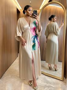 SHEIN Lady CURVE Plus Size Elegant Floral Print Dress Fall - Khaki - View 4
