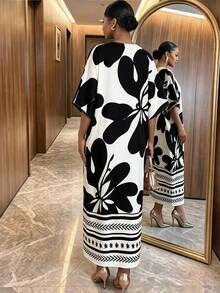 SHEIN Lady CURVE 大尺碼女款拼色休閒優雅日常度假夏季旅行洋裝 早午餐正式度假花卉白色 - 黑色 - 查看 2