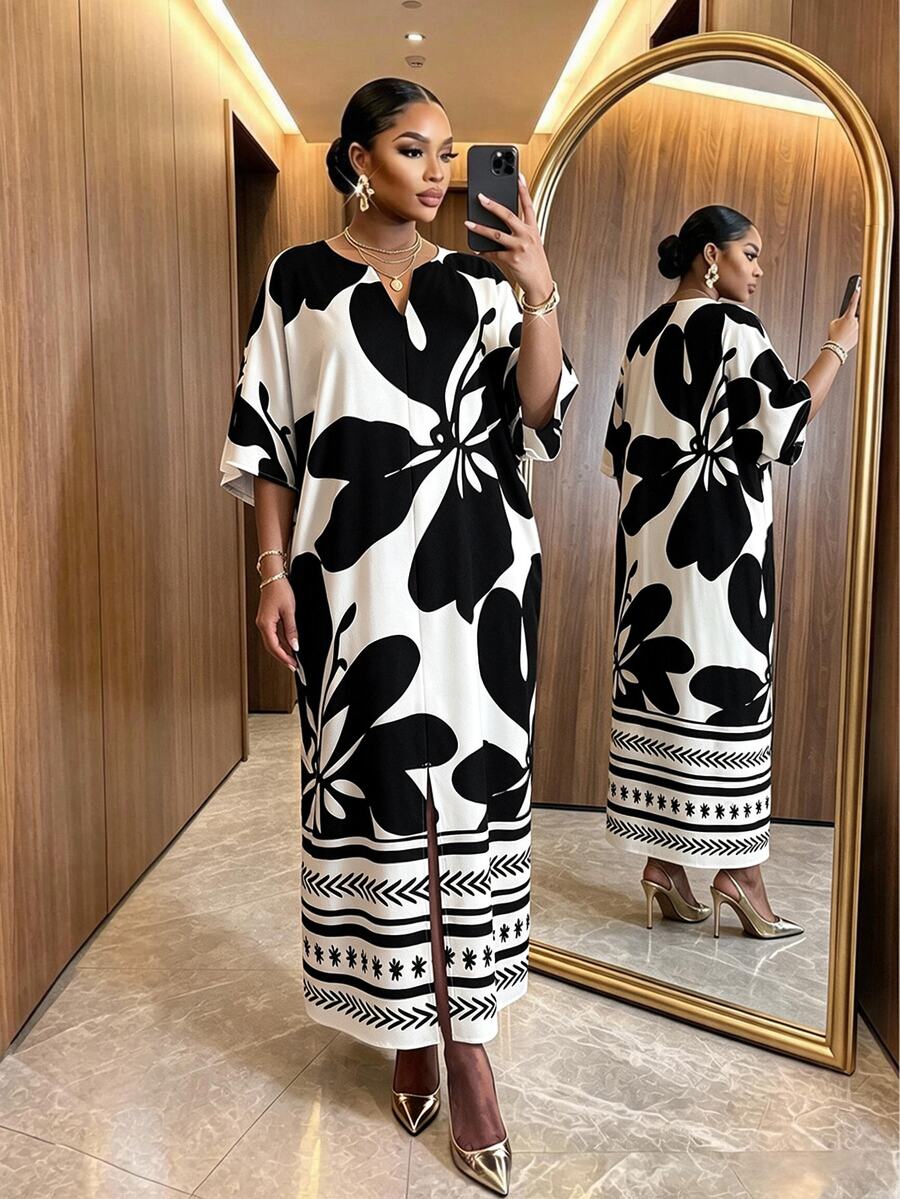 SHEIN Lady CURVE 大尺碼女款拼色休閒優雅日常度假夏季旅行洋裝 早午餐正式度假花卉白色 - 黑色 - 查看 1