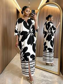 SHEIN Lady CURVE 大尺碼女款拼色休閒優雅日常度假夏季旅行洋裝 早午餐正式度假花卉白色 - 黑色 - 查看 6