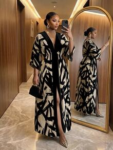 SHEIN Lady Gaun Berpotongan Belahan Motif Blok Warna untuk Liburan Ukuran Plus, Cocok untuk Kencan Musim Gugur, Pantai, Warna Krem, Musim Dingin, dan Tropis - Khaki - View 4