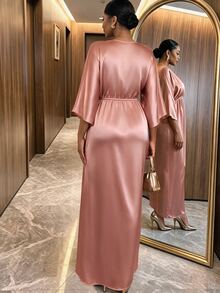 SHEIN Lady CURVE Plus Size Elegant Casual Vintage Satin Pleated Front Slit Dress Wedding Wedding Guest Vacation Guest Evening Dusty Pink Autumn Fall - Pink - View 2