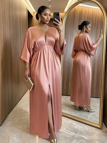 SHEIN Lady CURVE Plus Size Elegant Casual Vintage Satin Pleated Front Slit Dress Wedding Wedding Guest Vacation Guest Evening Dusty Pink Autumn Fall - Pink - View 4