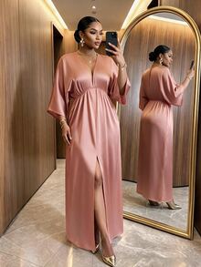 SHEIN Lady CURVE Plus Size Elegant Casual Vintage Satin Pleated Front Slit Dress Wedding Wedding Guest Vacation Guest Evening Dusty Pink Autumn Fall - Pink - View 1
