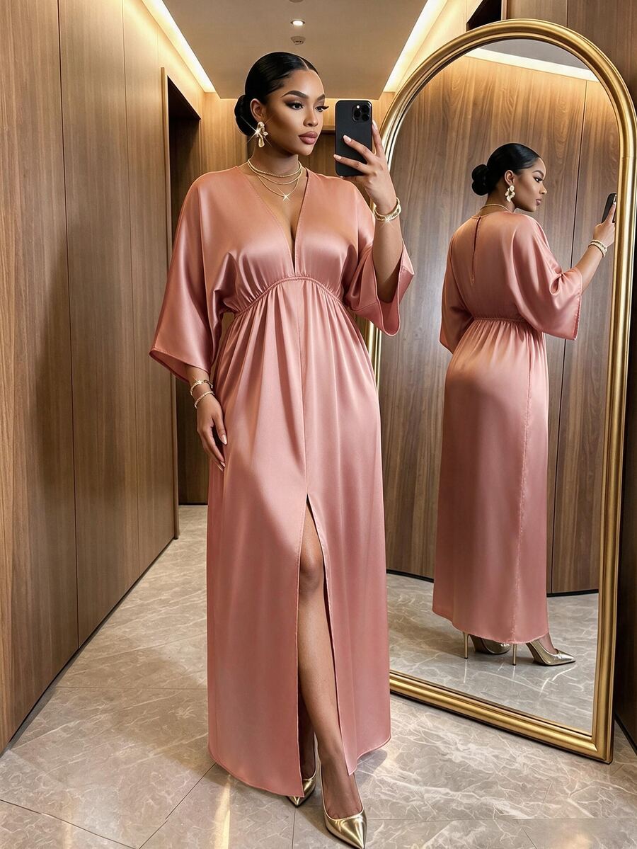 SHEIN Lady CURVE Plus Size Elegant Casual Vintage Satin Pleated Front Slit Dress Wedding Wedding Guest Vacation Guest Evening Dusty Pink Autumn Fall - Pink - View 1