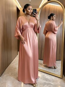 SHEIN Lady CURVE Plus Size Elegant Casual Vintage Satin Pleated Front Slit Dress Wedding Wedding Guest Vacation Guest Evening Dusty Pink Autumn Fall - Pink - View 5