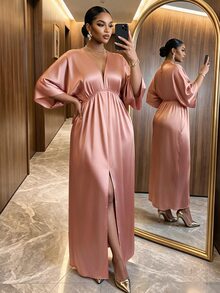 SHEIN Lady CURVE Plus Size Elegant Casual Vintage Satin Pleated Front Slit Dress Wedding Wedding Guest Vacation Guest Evening Dusty Pink Autumn Fall - Pink - View 6