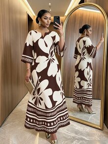 SHEIN Lady Spring Summer Autumn Winter Plus Size Notch V-Neck Woven Brown Loose Sleeve Classic White Contrast Print Robe Dress Fall Beach Vacation Tea Party - Brown - View 4