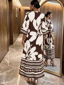 SHEIN Lady Spring Summer Autumn Winter Plus Size Notch V-Neck Woven Brown Loose Sleeve Classic White Contrast Print Robe Dress Fall Beach Vacation Tea Party - Brown - View 2