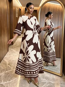 SHEIN Lady Spring Summer Autumn Winter Plus Size Notch V-Neck Woven Brown Loose Sleeve Classic White Contrast Print Robe Dress Fall Beach Vacation Tea Party - Brown - View 6