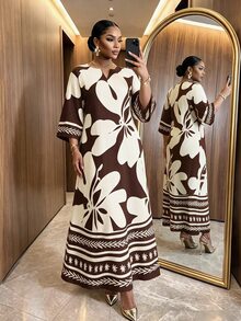 SHEIN Lady Spring Summer Autumn Winter Plus Size Notch V-Neck Woven Brown Loose Sleeve Classic White Contrast Print Robe Dress Fall Beach Vacation Tea Party - Brown - View 1