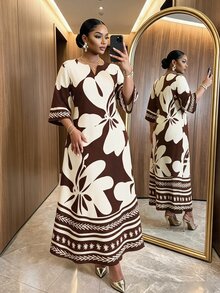 SHEIN Lady Spring Summer Autumn Winter Plus Size Notch V-Neck Woven Brown Loose Sleeve Classic White Contrast Print Robe Dress Fall Beach Vacation Tea Party - Brown - View 3