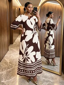 SHEIN Lady Spring Summer Autumn Winter Plus Size Notch V-Neck Woven Brown Loose Sleeve Classic White Contrast Print Robe Dress Fall Beach Vacation Tea Party - Brown - View 5
