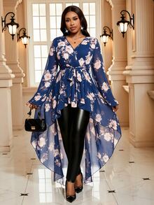 SHEIN Lady CURVE 大尺碼休閒優雅傳統不對稱下擺滿版印花襯衫，秋季女裝兩件套，適合度假、正式場合、派對、早午餐穿搭 - 藏蓝色 - 查看 5