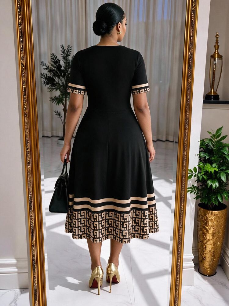 SHEIN Lady Plus Size Women's Striped Geometric Print Round Neck Short Sleeve Casual Elegant Dress Wedding Office Formal Black Summer Summer - Black - View 2