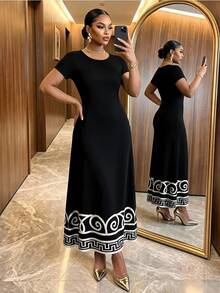 SHEIN Lady CURVE Plus Size Women's Geometric Print Round Neck Short Sleeve Elegant Dress Formal Brunch Wedding Black Summer - Black and White - View 3
