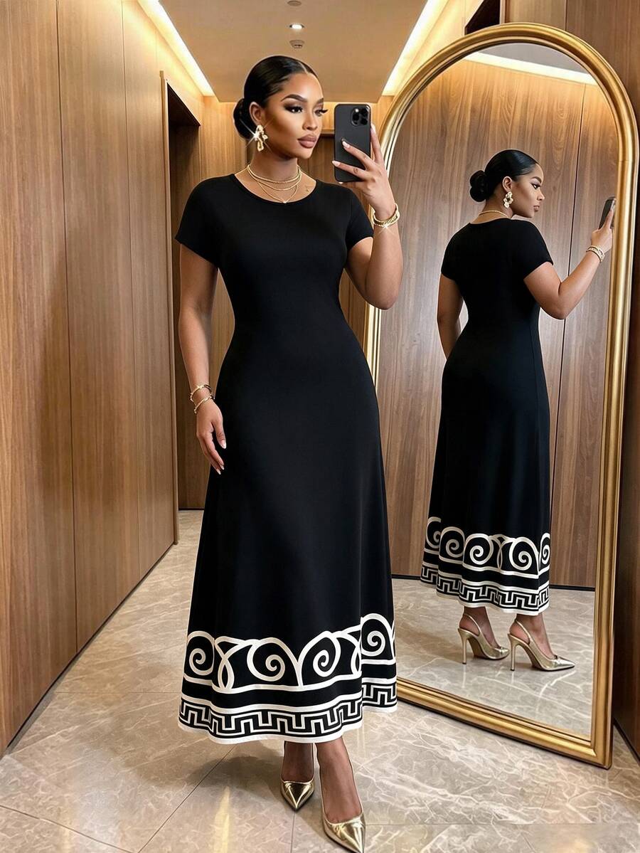 SHEIN Lady CURVE Plus Size Women's Geometric Print Round Neck Short Sleeve Elegant Dress Formal Brunch Wedding Black Summer - Black and White - View 1