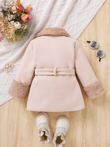 Cozy Pixies 女嬰女童少女秋冬百搭時尚混紡羊毛拼接毛絨人造毛領中長版繫帶大衣，保暖內裡羊毛外套，秋冬大衣外套 - 卡其色 - 查看 4