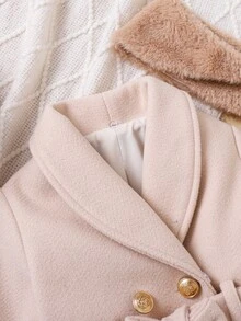 Cozy Pixies 女嬰女童少女秋冬百搭時尚混紡羊毛拼接毛絨人造毛領中長版繫帶大衣，保暖內裡羊毛外套，秋冬大衣外套 - 卡其色 - 查看 7