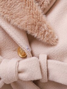 Cozy Pixies 女嬰女童少女秋冬百搭時尚混紡羊毛拼接毛絨人造毛領中長版繫帶大衣，保暖內裡羊毛外套，秋冬大衣外套 - 卡其色 - 查看 10