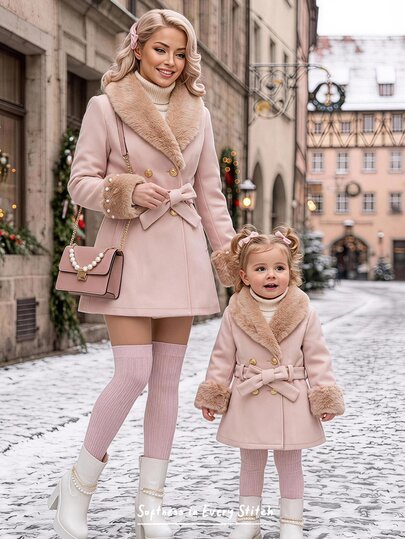 Cozy Pixies Baby Girl Baby Girls Young Girls Autumn/Winter Versatile Fashion Wool Blend Patchwork Fuzzy Faux Fur Collar Mid-Length Belted Coat, Thermal Lined Wool Coat, Autumn/Winter Coat Jacket