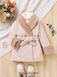 Cozy Pixies 女嬰女童少女秋冬百搭時尚混紡羊毛拼接毛絨人造毛領中長版繫帶大衣，保暖內裡羊毛外套，秋冬大衣外套 - 卡其色 - 查看 3