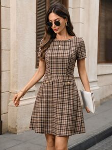 EMERY ROSE 女款夏季優雅學院風通勤格紋短洋裝 辦公室棕色格紋 - 彩色 - 查看 3