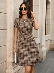 EMERY ROSE 女款夏季優雅學院風通勤格紋短洋裝 辦公室棕色格紋 - 彩色 - 查看 6