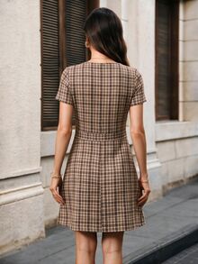 EMERY ROSE 女款夏季優雅學院風通勤格紋短洋裝 辦公室棕色格紋 - 彩色 - 查看 2