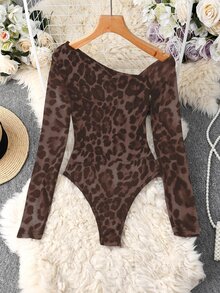 Juhart Body de manga larga con hombros recortados y estampado de leopardo en malla para mujer de talla grande - Marrón - Ver 2